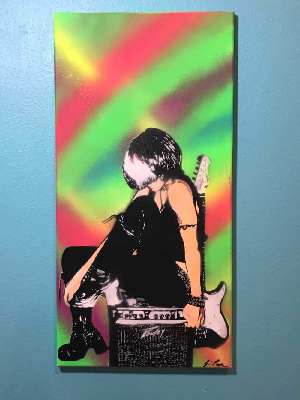 Green NEON Rainbow Punk Rock Chick Original Stencil Painting Guitar w/Peavy Amp - Picture 3 of 5